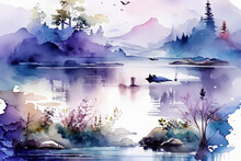 Watercolor Sketch, White, Blue, Morning Mist With Pond And Trees. Vector Illustration.