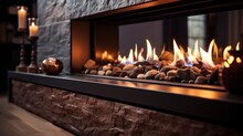 Fireplace With Burning Wood Logs, Bright Flames