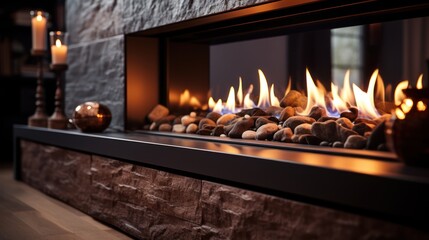 Fireplace with burning wood logs, bright flames