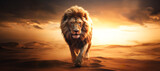 King, Lion of Judah Walking Through The Desert: Symbolizing Spiritual Strength and Kingship in Christian Faith.  
