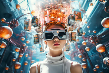 Youthful fashionable lady wearing virtual reality spectacles and headgear, illuminated by vibrant lights and futuristic advancements. Existence within a forward-looking metaverse.