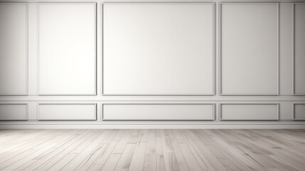 Sticker - Empty room with wooden floor and white paneled walls.