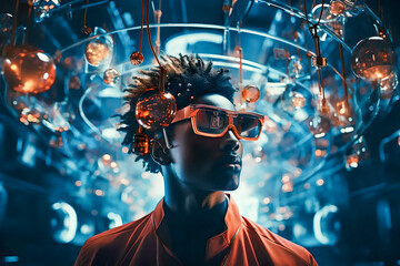 A young black man with glasses in a virtual reality space and the concept of future technologies.