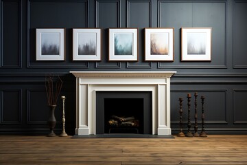 Canvas Print - Living room with fire place and pictures on the wall.