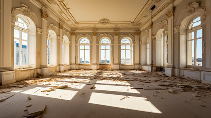 Canvas Print - Large room with lot of windows and debris on the floor.