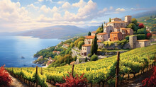 Witness The Captivating Allure Of The Mediterranean Landscape With This Awe-inspiring Image. A Panoramic View Reveals Terraced Vineyards Cascading Down Hillsides, While Cypress Trees And Ancient Ruins