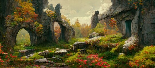 Wall Mural - Mystical woodland forest in Autumn with remnants of old druid buildings in ruin. Enchanted magic forest, ancient trees, colorful flowers, peaceful dreamy fairytale fantasy wonderland, generative ai