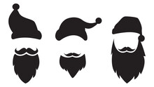 Santa Claus Icons Set, Hats, Moustache And Beards. Christmas Elements. Vector
