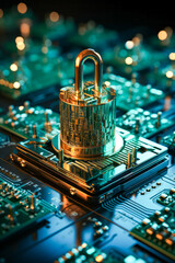 Poster - Golden padlock on top of computer motherboard.