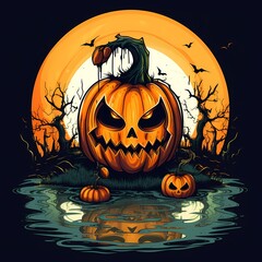 Canvas Print - Halloween pumpkin sitting in the water with full moon in the background.