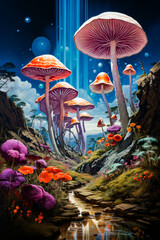 Poster - Image of many different types of mushrooms in forest.