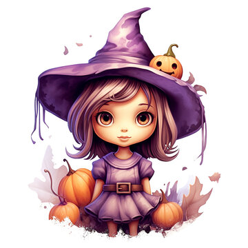 Cute fairy Halloween witch with pumpkin and autumn leaves on white background. Little girl in witch dresses and jack-o-lanterns. Halloween festival, cartoon design, illustration