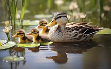 Mother Mallard And Ducklings. Generative AI