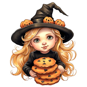 Cute fairy Halloween witch with pumpkin and cookies on white background. Little girl in witch dresses and jack-o-lanterns. Halloween festival, cartoon design, illustration