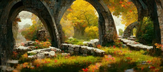 Wall Mural - Mystical woodland forest in Autumn with remnants of old druid buildings in ruin. Enchanted magic forest, ancient trees, colorful flowers, peaceful dreamy fairytale fantasy wonderland, generative ai