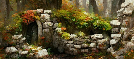 Wall Mural - Mystical woodland forest in Autumn with remnants of old druid buildings in ruin. Enchanted magic forest, ancient trees, colorful flowers, peaceful dreamy fairytale fantasy wonderland, generative ai