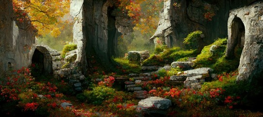 Wall Mural - Mystical woodland forest in Autumn with remnants of old druid buildings in ruin. Enchanted magic forest, ancient trees, colorful flowers, peaceful dreamy fairytale fantasy wonderland, generative ai