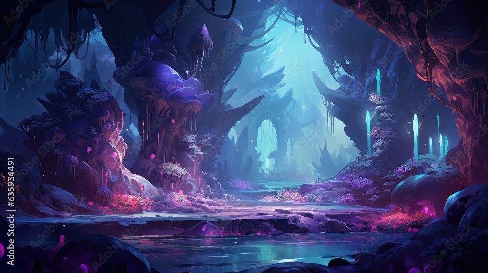Futuristic wilderness at night, where bioluminescent plants and neon ...