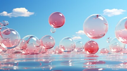 Poster - Minimalism, colorful soap bubbles isolated on sky blue background, in the style of multidimensional layers, subtle gradients, perfectly rounded, clean, organic materials, reflections and mirroring,