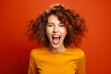 Poster - Woman with her mouth open and surprised look on her face with red background.