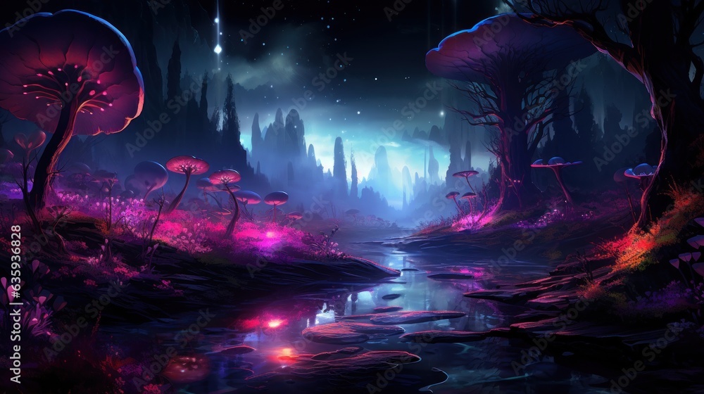 Futuristic wilderness at night, where bioluminescent plants and neon ...