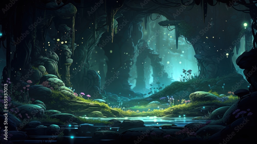 Futuristic wilderness at night, where bioluminescent plants and neon ...