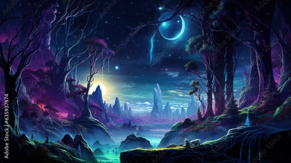 Futuristic wilderness at night, where bioluminescent plants and neon ...