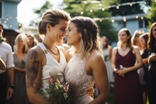 Young Female Couple Having A Wedding And Getting Married In Their Backyard