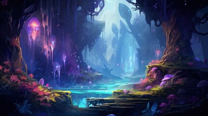 Sticker - Futuristic wilderness at night, where bioluminescent plants and neon creatures thrive in an electrifying ecosystem