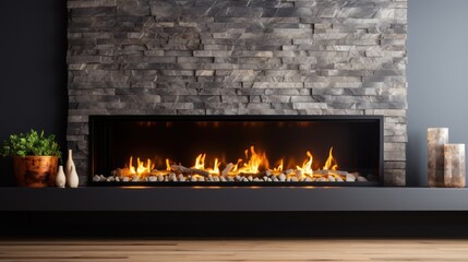 Wall Mural - Modern living room with fireplace, burning wood logs, bright flames