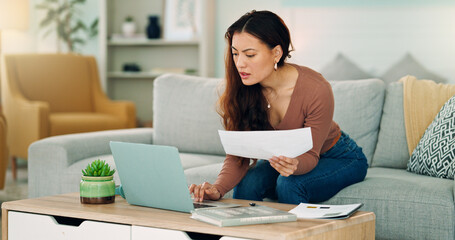 Sticker - Woman, paper and laptop in living room on sofa working on project, assignment or task for college or business. Student, girl and home to study, for test or exam at university with handheld movement