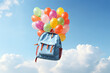 Blue school backpack flying in the sky with balloons. Ai