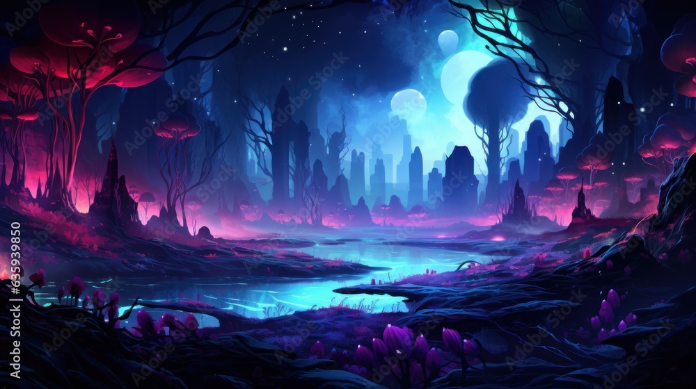 Futuristic wilderness at night, where bioluminescent plants and neon ...