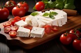 Fototapeta Miasto - White cheese with tomato and olive oil.