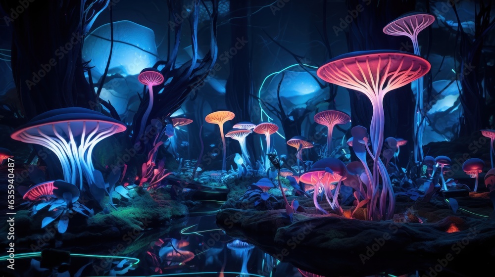 Futuristic wilderness at night, where bioluminescent plants and neon ...