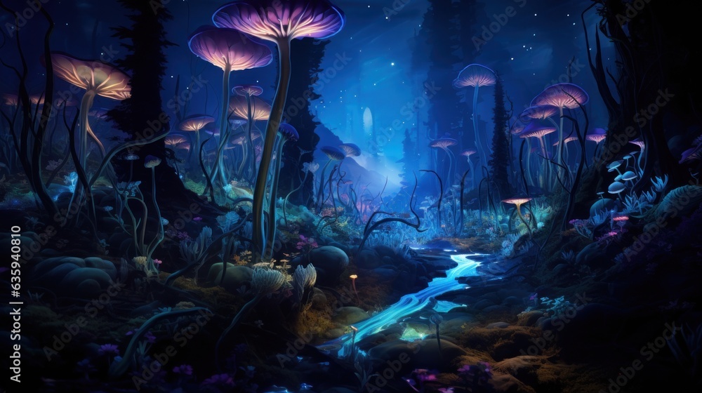 Futuristic wilderness at night, where bioluminescent plants and neon ...