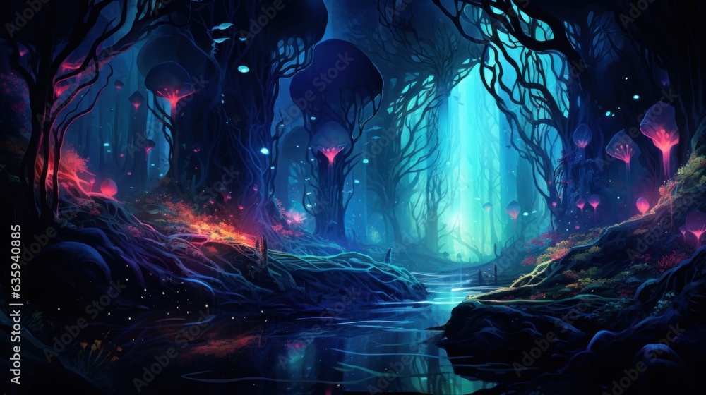 Futuristic wilderness at night, where bioluminescent plants and neon ...