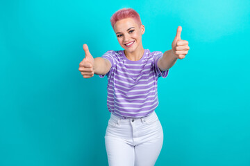 Sticker - Photo of pretty friendly person toothy smile hands fingers demonstrate thumb up isolated on teal color background