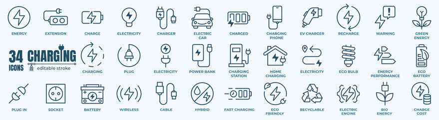 Charging icon set. Containing charge, battery, energy, electricity, charger, recharge, electric car and charging station icons.