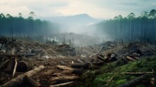 Deforestation And Forest Destruction, Natural And Environmental Disaster, Tree Damage And Climate Change Concept, Generative AI