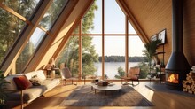 A Modern Scandinavian Wood House With A Pleasant Living Room Fireplace, Indoor Plants, A Triangle Shaped Wide Window, And A Distant Lake View Is Offered For Rental As A Vacation Or Holiday Home.