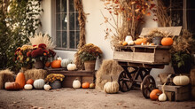 Farmhouse Exterior Decorated For Thanksgiving, Thanksgiving Background, Wide Banner With Copy Space Area Generative AI