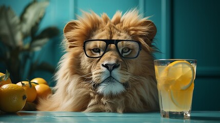 Lion with cold lemonade. Terrible predator drinking mojito and iced tea, creative representatives of the panther family businessman animal. Concept: cafe with creative advertising for summer drinks