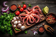 Fresh raw squid  with ingredients on wooden background