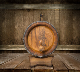 Canvas Print - One wooden barrel on rack in cellar