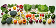 A selection of healthy vegetables and fruit, top down view on white background