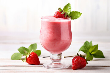 Wall Mural - Fresh stawberry smoothie isolated on white background