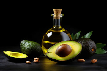 Wall Mural - Avocado oil with fresh avocado on black stone background