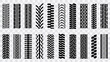 Machinery tires track set, tire ground imprints isolated, vehicles tires footprints, tread brushes, seamless transport ground trace or marks textures, wheel treads - vector.
