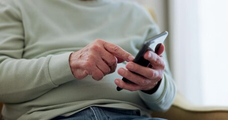 Poster - Parkinsons, phone and hands of senior man typing online to search medical condition on the internet in retirement home. Chatting elderly person with a disability research on a health website on sofa